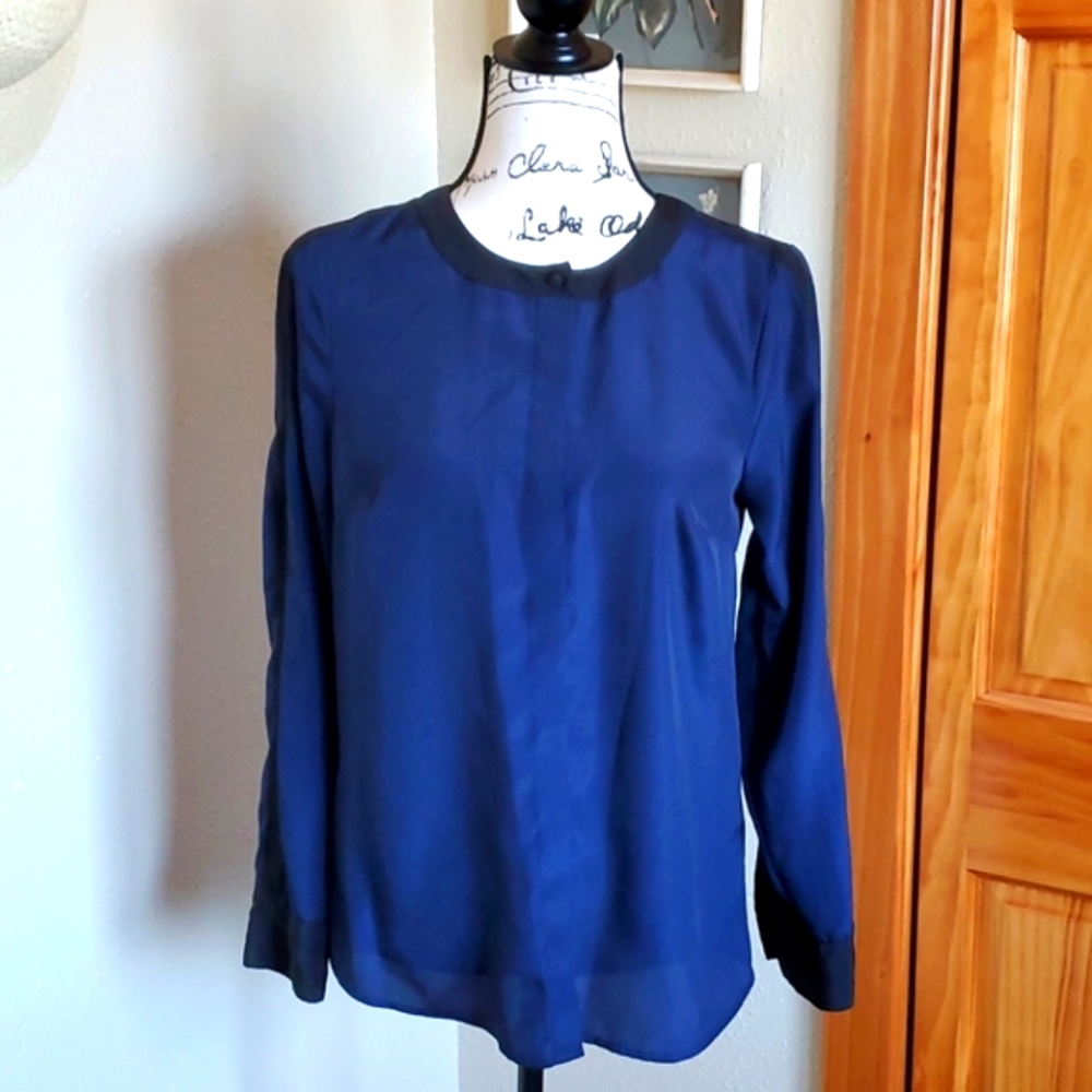 J. Crew Navy Contrast Trim Button Down Top Blue Size 2